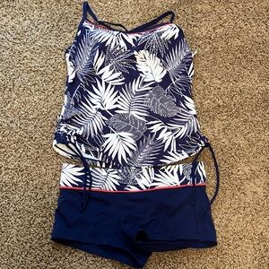 Navy and White Leaf Print Kids Swim Set